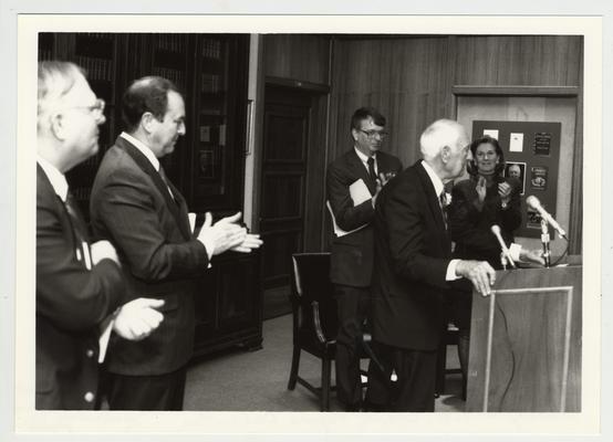 Thomas D. Clark speaks at the Clark Papers dedication; From left to right: Dr. James Klotter, President Charles Wethington, William Marshall, Director of Special Collections and Archives, Clark, and Elizabeth (Libby) Jones, spouse of former Governor Brereton Jones