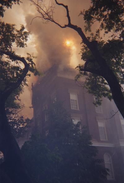 Administration Building fire, May 15, 2001; photos 475-501 are different views of the building as firefighters work to contain the blaze and the damage; photographer:  Steve Stahlman