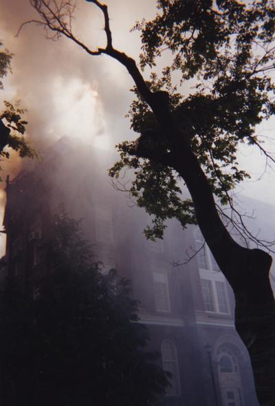 Administration Building fire, May 15, 2001; photos 475-501 are different views of the building as firefighters work to contain the blaze and the damage; photographer:  Steve Stahlman