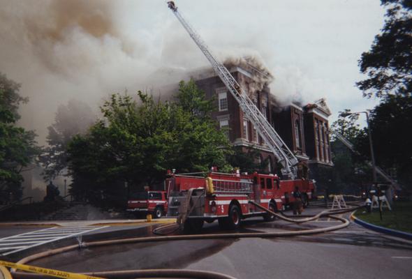 Administration Building fire, May 15, 2001; photos 475-501 are different views of the building as firefighters work to contain the blaze and the damage; photographer:  Steve Stahlman