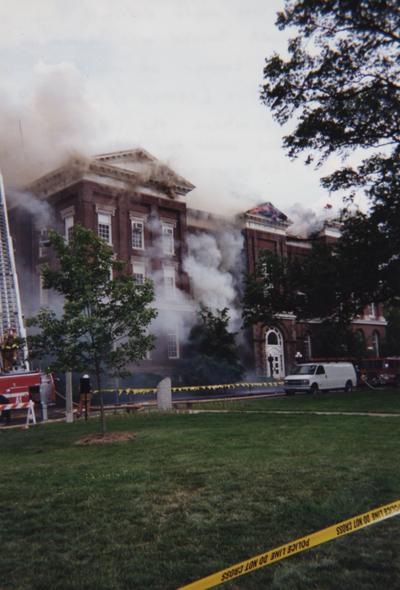 Administration Building fire, May 15, 2001; photos 475-501 are different views of the building as firefighters work to contain the blaze and the damage; photographer:  Steve Stahlman