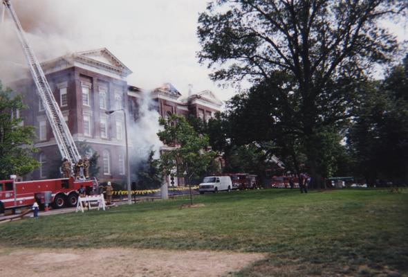 Administration Building fire, May 15, 2001; photos 475-501 are different views of the building as firefighters work to contain the blaze and the damage; photographer:  Steve Stahlman