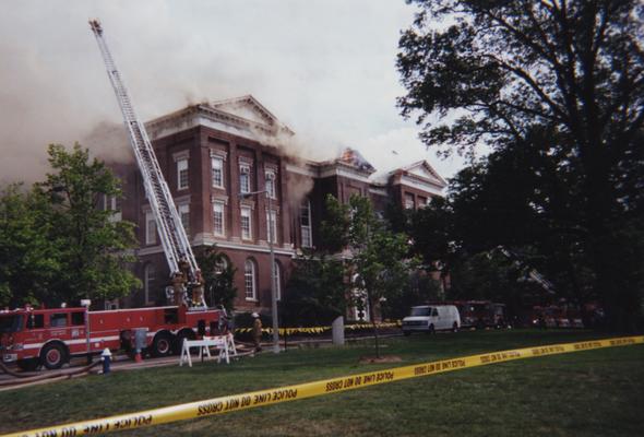 Administration Building fire, May 15, 2001; photos 475-501 are different views of the building as firefighters work to contain the blaze and the damage; photographer:  Steve Stahlman