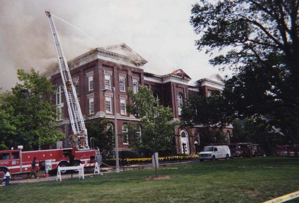 Administration Building fire, May 15, 2001; photos 475-501 are different views of the building as firefighters work to contain the blaze and the damage; photographer:  Steve Stahlman