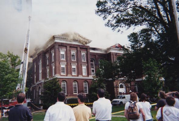 Administration Building fire, May 15, 2001; photos 475-501 are different views of the building as firefighters work to contain the blaze and the damage; photographer:  Steve Stahlman