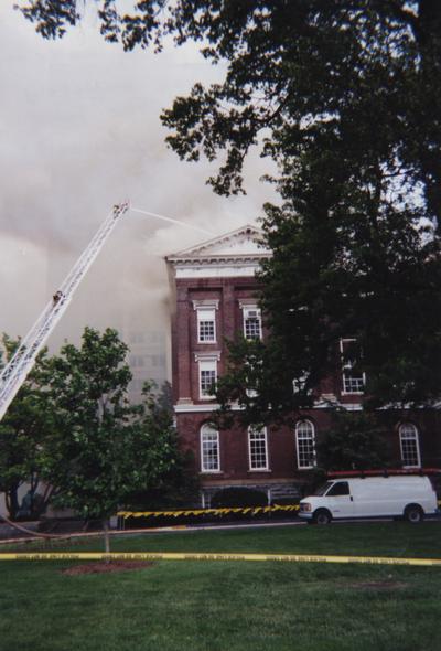 Administration Building fire, May 15, 2001; photos 475-501 are different views of the building as firefighters work to contain the blaze and the damage; photographer:  Steve Stahlman