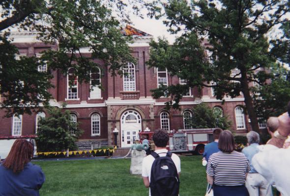 Administration Building fire, May 15, 2001; photos 475-501 are different views of the building as firefighters work to contain the blaze and the damage; photographer:  Steve Stahlman