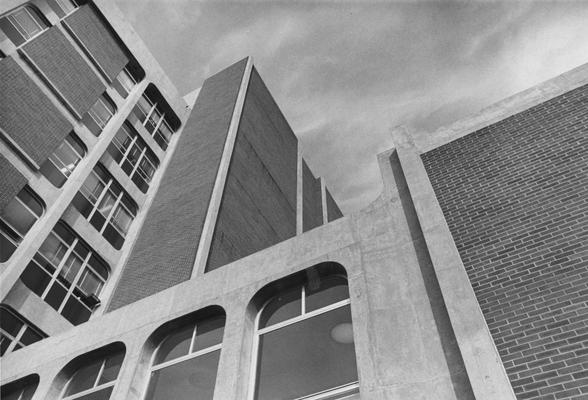 View of Anderson Hall tower from base of building looking up