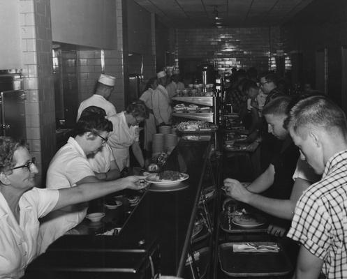 Students getting food in the Donovan Hall Cafeteria; Public Relations photo