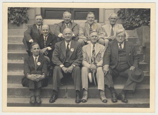 1946 Reunion of the University of Kentucky Class of 1906.  Lower row, left to right: L. C. Brown (St. Petersburg, FL), H. C. Robinson (Lexington, KY), F. W. Rankin (Springfield, Ohio), J. C. Nisbet (Madisonville, KY).  Middle row: G. P. Edmonds (Chicago, IL). Top row, left to right: H. H. Wilson (Lexington, KY). H. R. Moore  (Riverside, IL), Omar McDowell (Cleveland, OH), S. C. Jones (Lexington, KY).  Attending but not in picture: Wylie Wendt (Louisville, KY), Phil Riefkin (Washington DC), J. W. Lancaster (Georgetown, KY), J. S. McHargue (Lexington, KY), Anna Wallis (Lexington, KY), and R. P. Duvall (Lexington, KY)