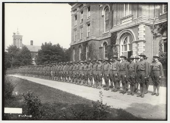 University of Kentucky military technical training during World War I.  Cadets lined up in front of the Administration building