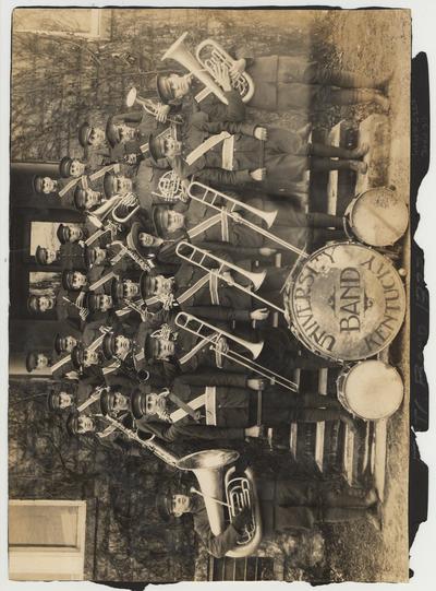 On this side of the photo is the 1922-23 Military Band posing on the steps of Barker Hall.  On the other side is the 1922-23 Reserve Officers Training Corps Battalion Sponsors