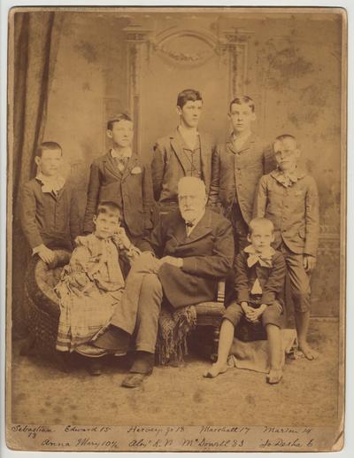 Standing from the left: Sebastian, 13; Edward, 15; Hervey, Jr., 18; Marshall, 17; Marion, 14.  Sitting from the left: Anna Mary, 10 1/2; Alex K. M. McDowell, 83; Jo Desha, 6.  A message on the back reads: 