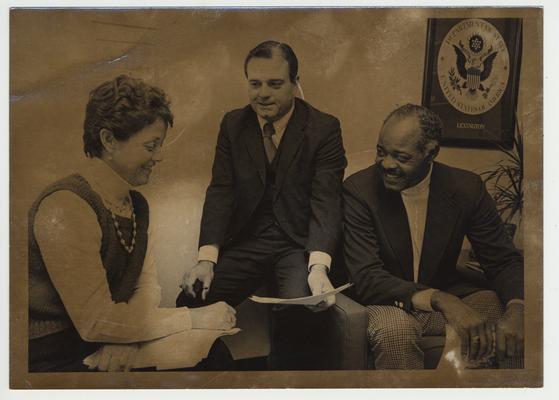 From left to right: Patricia Lamb, professor of English; Vince Davis, Director of the Patterson School of Diplomacy; Zirl Palmer, the first black member of the Board of Trustees