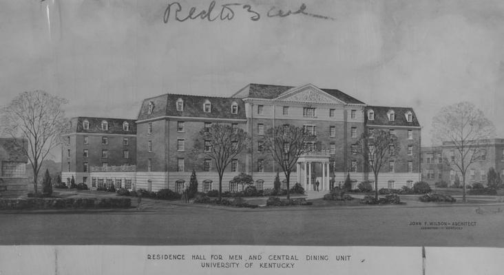 Architects drawing of Donovan Hall considered plan, but it is not the style that was built. Donovan Hall is a residence hall for men and the central dining unit. Donovan Hall was named after former University of Kentucky President Herman L. Donovan. Architect: John F. Wilson