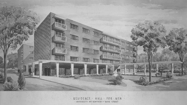 Architects' new drawing of Donovan Hall.  Donovan Hall is a residence hall for men and the central dining unit. Donovan Hall was named after former University of Kentucky President Herman L. Donovan. Architect: John F. Wilson, undated