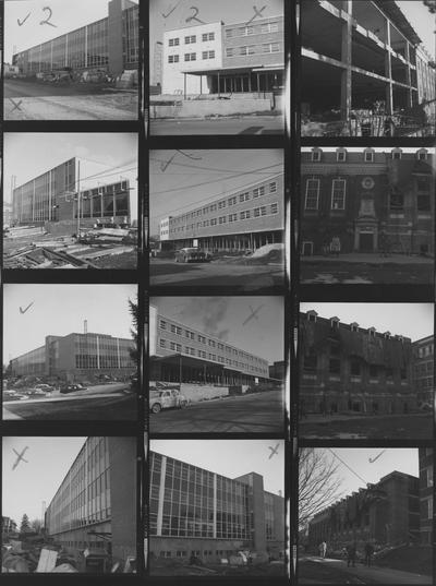 A proof sheet of residence halls, Blazer Hall and Bradley Hall, and of the Chemistry-Physics Building