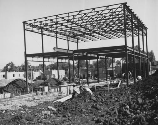 Haggin Hall, a men's dormitory, under construction. Haggin Hall was named after James B. Haggin and dedicated on September 16, 1960. Received September 8, 1959 from Public Relations