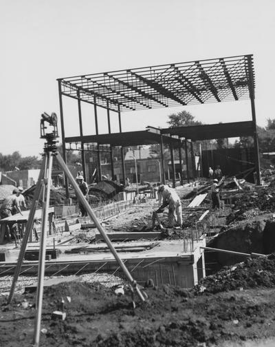 Haggin Hall, a men's dormitory, under construction. Haggin Hall was named after James B. Haggin and dedicated on September 16, 1960. Received September 8, 1959 from Public Relations