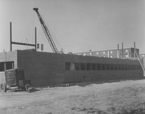Haggin Hall, a men's dormitory, under construction. Haggin Hall was dedicated on September 16, 1960 and was named after James B. Haggin. Received October 6, 1959 from Public Relations