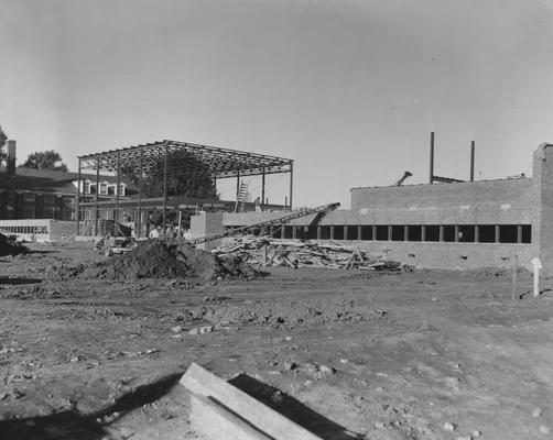 Haggin Hall, a men's dormitory, under construction. Haggin Hall was dedicated on September 16, 1960 and was named after James B. Haggin. Received October 22, 1959 from Public Relations