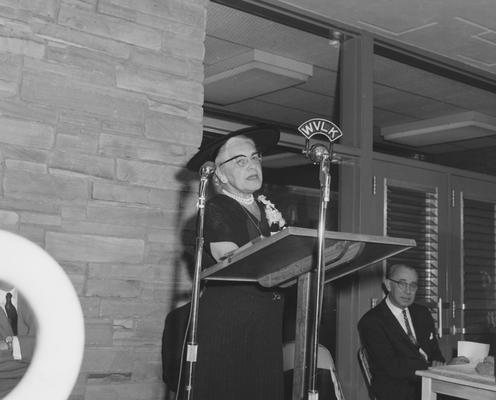 Sarah Bennett Holmes speaking at the dedication of Holmes Hall, which was named after her on May 25, 1958. Received May 25, 1958 from Public Relations
