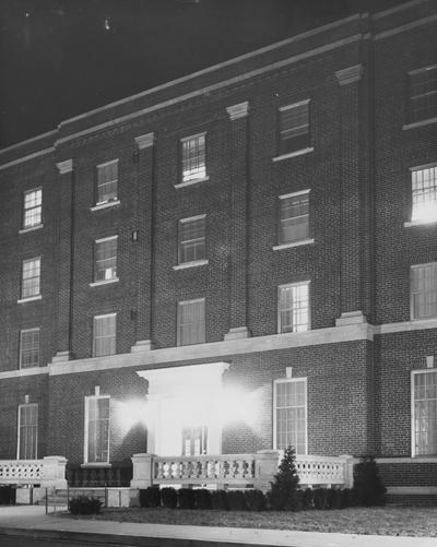 The front entrance of Keeneland Hall, a woman's dorm. Keeneland Hall was named after the Keeneland Foundation which donated $200,000 and on October 17, 1955, it was dedicated to the foundation. Photographer: John Mitchell