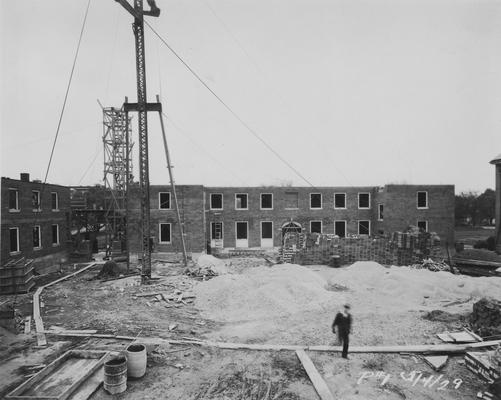 Construction of Breckinridge Hall, Kinkead Hall, and Bradley Hall in 1929. Construction of Bowman Hall was not until after World War II. Photographer: La Fayette Studio