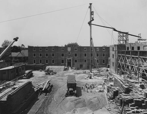 Construction of Breckinridge Hall, Kinkead Hall, and Bradley Hall in 1929. Construction of Bowman Hall was not until after World War II. Photographer: La Fayette Studio