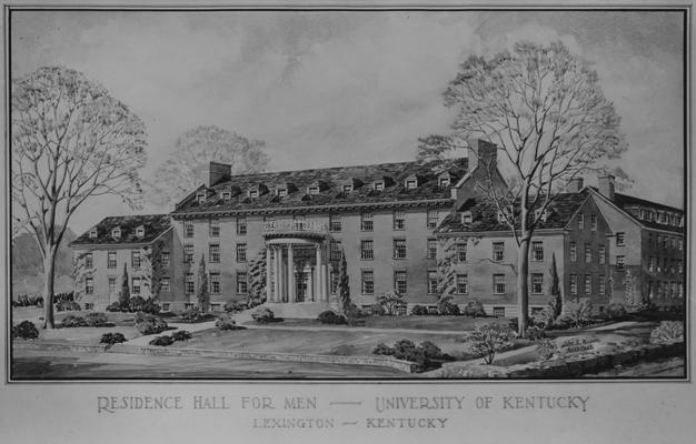 An architectural drawing of Bowman Hall. Construction began in 1946, was finished on March 19, 1948, and was dedicated on June 4, 1948. Bowman Hall was named after John Bryan Bowman. Architect: John F. Wilson