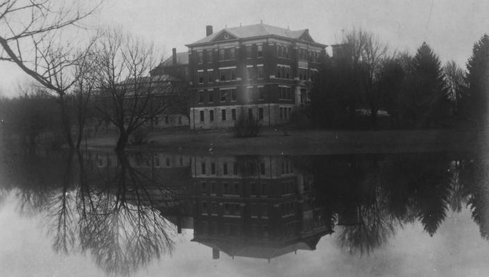 A view of Frazee Hall from across the lake. Frazee Hall was built in 1907 and named after David Frances Frazee on June 3, 1931. On January 24, 1956, the building was partially destroyed by a fire