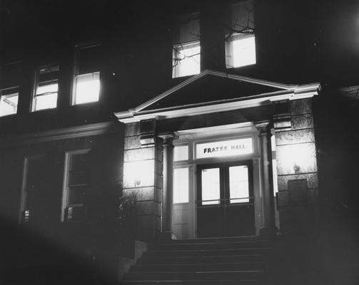 The front entrance of Frazee Hall at night. Frazee Hall was built in 1907 and named after David Frances Frazee on June 3, 1931. On January 24, 1956, the building was partially destroyed by a fire