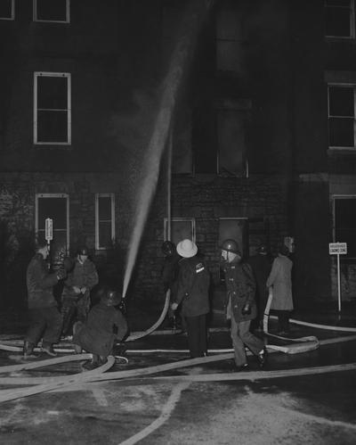 Firefighters battling 1956 blaze at Frazee Hall. Frazee Hall was built in 1907 and named after David Frances Frazee on June 3, 1931. Photographer: University of Kentucky