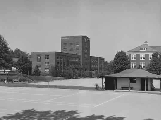 A picture of the Funkhouser building from the old tennis courts (now the Chemistry-Physics Building). The Funkhouser building was built in 1940 and named after William D. Funkhouser