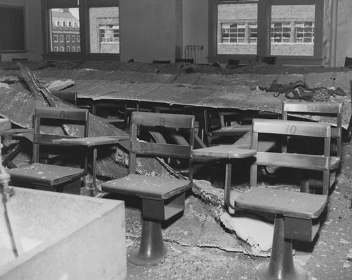 Fallen plaster from the ceiling in a Kastle Hall classroom. Received August 5, 1957 from Public Relations