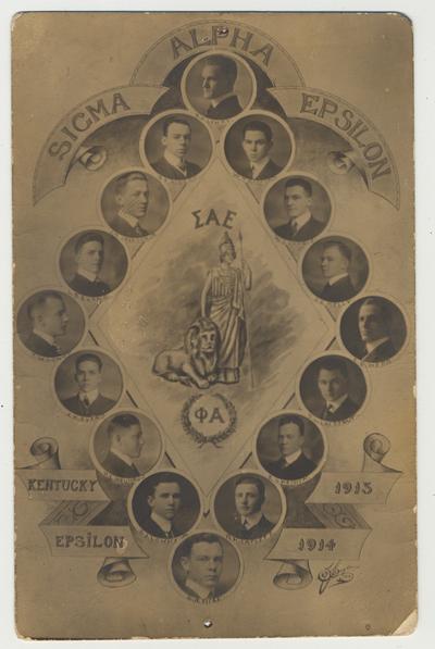 Members of Sigma Alpha Epsilon at the University of Kentucky from 1913 - 1914.  Clockwise from the top:  B. H. Lowry, W. T. Radford, W. J. Harris, G. E. Kelly, E. B. Webb, D. L. Chestnut, E. S. Penick, R. K. Catlett, G. A. Rice, S. J. Lowry Jr., R. E. Neuhaus, J. H. Evans, T. W. Lowry, L. B. Evans, J. T. Jackson Jr., and R. F. Albert