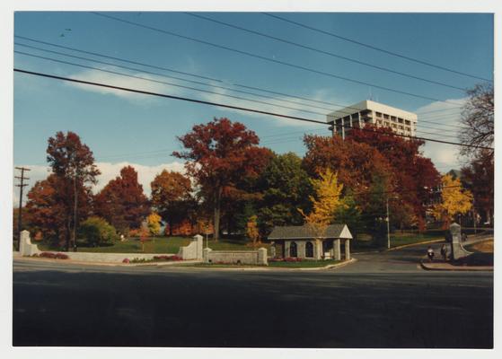 The entranceway to the Administration / Main Building.  Patterson Office Tower is the tall building behind the trees