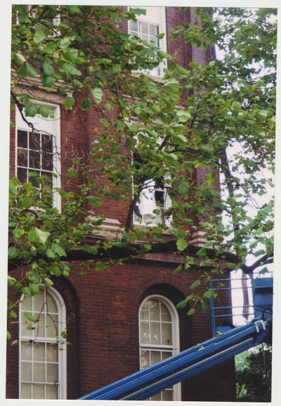 An exterior view of the Administration / Main Building during the fire