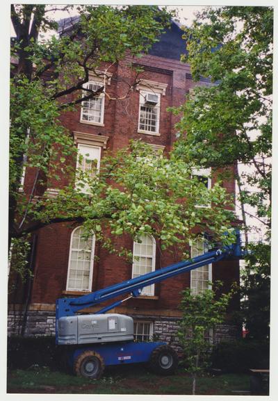 An exterior view of the Administration / Main Building after the fire was extinguished