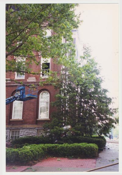 An exterior view of the Administration / Main Building after the fire was extinguished