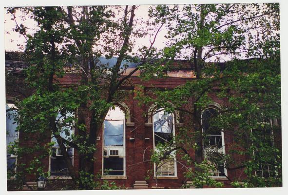 An exterior view of the Administration / Main Building after the fire was extinguished