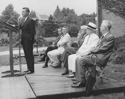 Ground breaking of the Annex to M. I. King Library in January of 1961. Speaking is President Frank G. Dickey. Left to right: Walter Hillenmeyer (Board of Trustees), three unknowns, and former President Herman Lee Donovan. Received September 8, 1961 from Public Relations