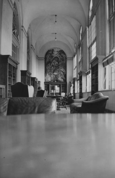 View of one end of former Browsing Room before the 1963 addition to King Library; shows WPA mural on west wall