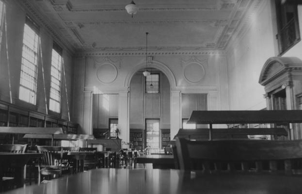 Reference Room, from south Breckinridge Room; second from of King Library, decorative ceilings and walls