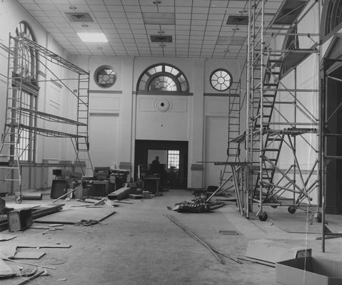 As the result of adding the central air conditioning to the building, the renovation of the Great Hall in King Library covered the raised ceiling and skylight with a drop ceiling. Transferred March 16, 1964 from Public Relations to University Archives