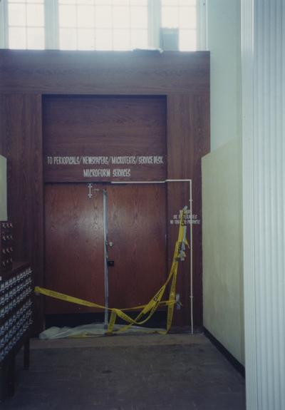 Door to cross bridge to Periodicals is closed during the bridge removal