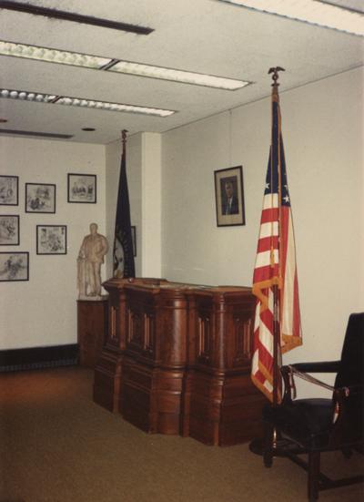 A color photo of the Research/ Reading Room in Margaret I. King North Library. The desk at the left was Vice President Barkley's desk from the United States Senate. Photographer: Terry Warth