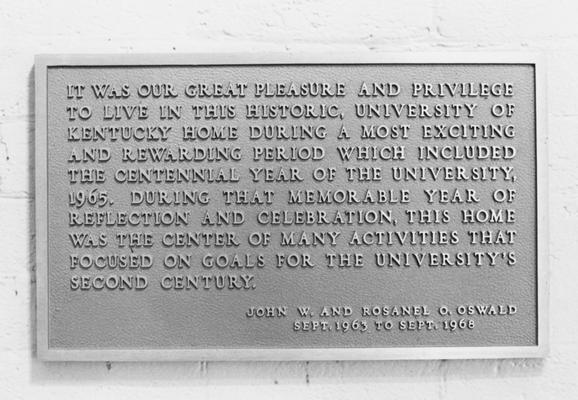 A photo of a plaque inscribed by the Oswald's as they left Maxwell Place