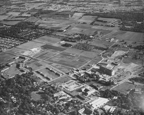 Aerial view of Chandler Medical Center under construction and some of UK's campus. Received August 4, 1959 from Public Relations. Photographer: Ed Weddle