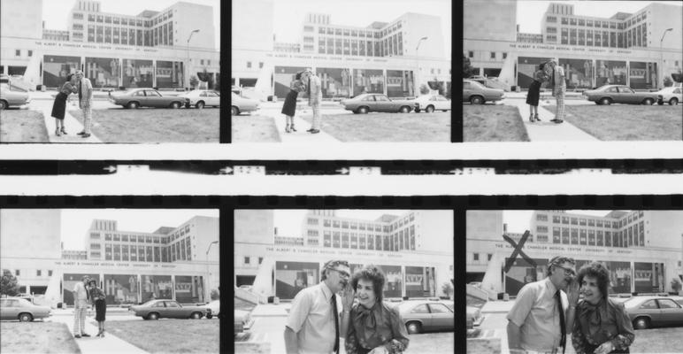 Proof sheet- nine images of an unidentified couple in front of the Medical Center, used as part of the Blue Plan promotion